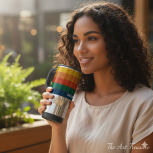 Retro Sunset Stripes with Simple Space Bold Name Travel Mug