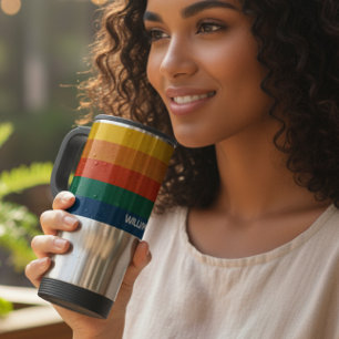 Retro Sunset Stripes with Simple Space Bold Name Travel Mug