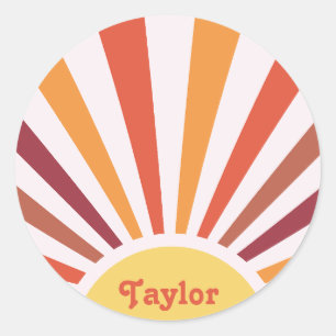 Retro Sunset Sun Rays Personalised Name Classic Round Sticker