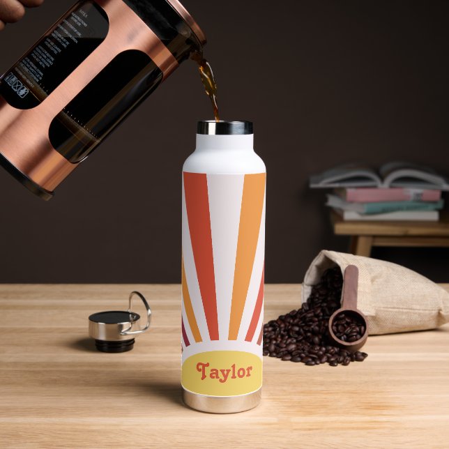 Retro Sunset Sun Rays Personalised Name Water Bottle (Coffee)