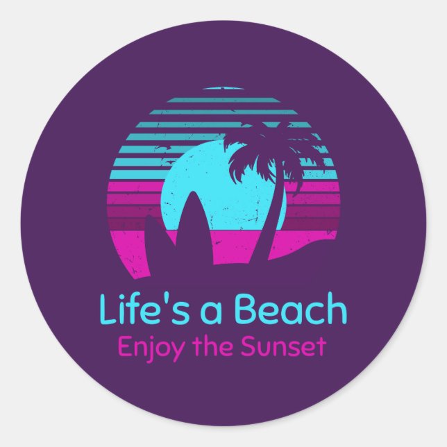 Retro Sunset Surfboard Palm Tree Life's a Beach Classic Round Sticker (Front)