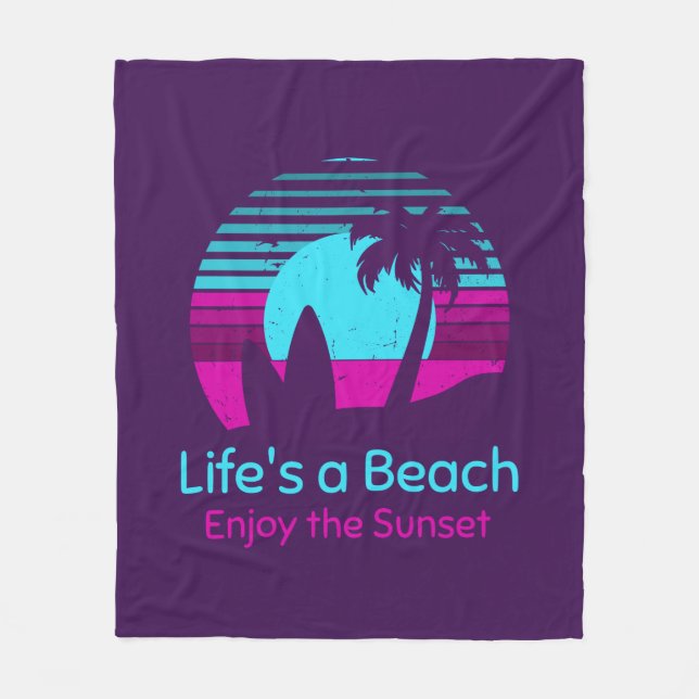 Retro Sunset Surfboard Palm Tree Life's a Beach Fleece Blanket (Front)