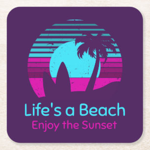 Retro Sunset Surfboard Palm Tree Life's a Beach Square Paper Coaster