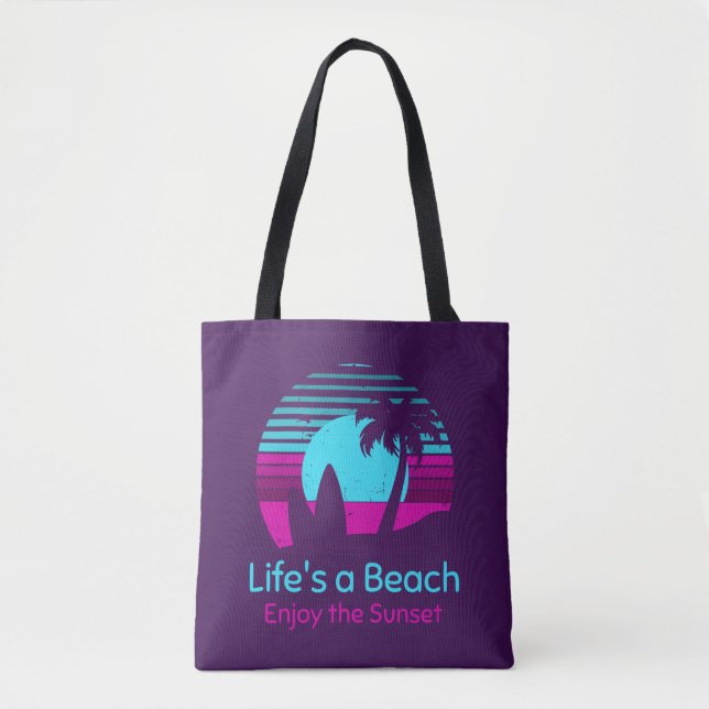 Retro Sunset Surfboard Palm Tree Life's a Beach Tote Bag (Front)