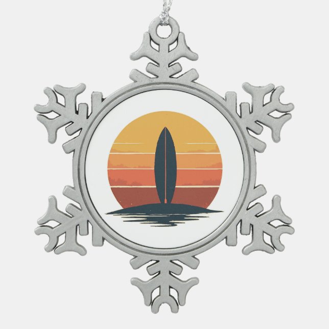 Retro Sunset Surfboard Snowflake Pewter Christmas Ornament (Front)