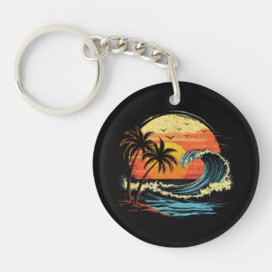Retro Sunset Tropical Vintage Beach Palm Tree for Key Ring