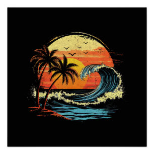 Retro Sunset Tropical Vintage Beach Palm Tree for Poster