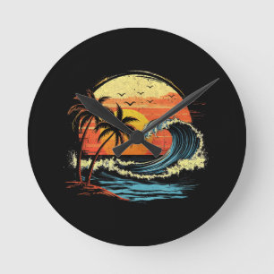 Retro Sunset Tropical Vintage Beach Palm Tree for  Round Clock
