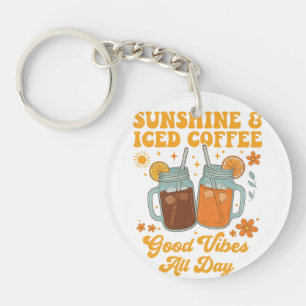 Retro Sunshine and Iced Coffee Good Vibes Keychain