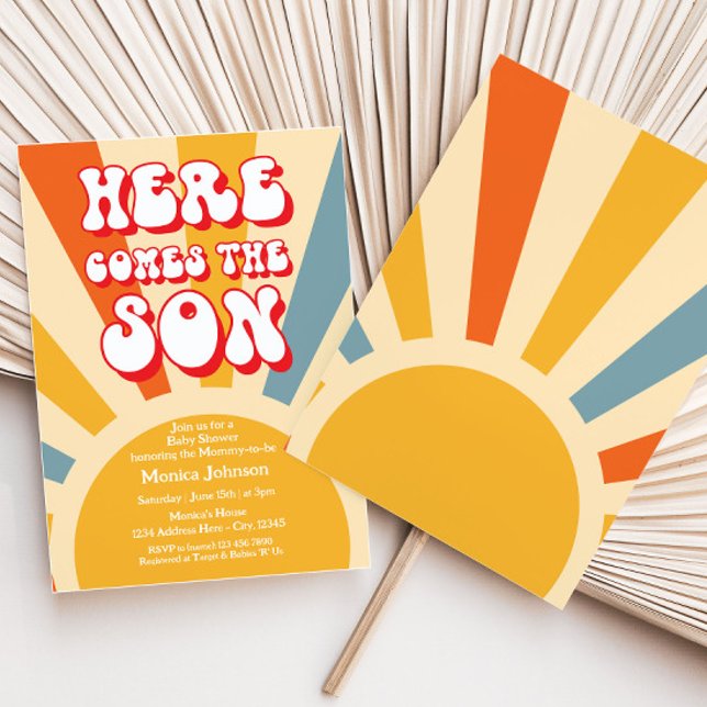 Retro Sunshine Baby Shower Here Comes The Son Invitation (Creator Uploaded)