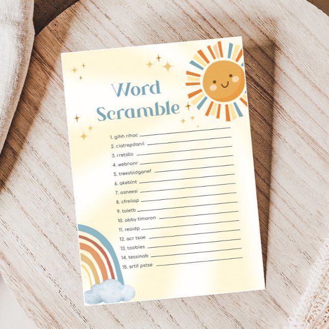 Retro Sunshine Baby Shower Word Scramble Game (Retro Here Comes The Son Sunshine Baby Shower Game)