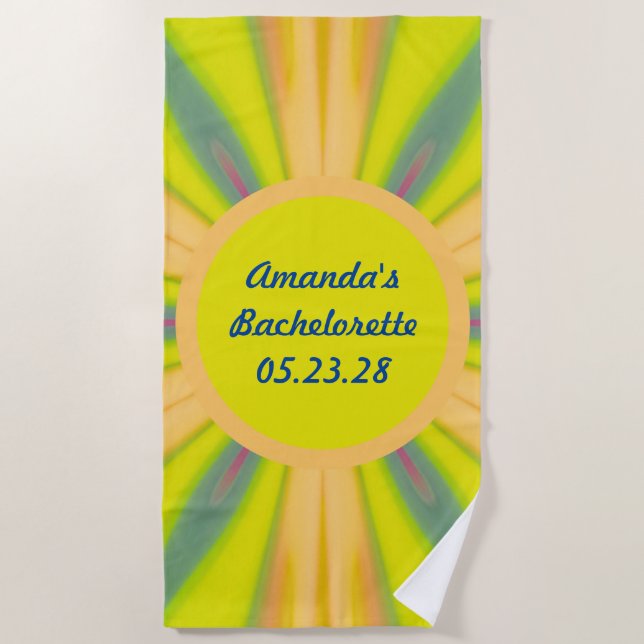 Retro Sunshine Bachelorette Party Blue Yellow  Beach Towel (Front)