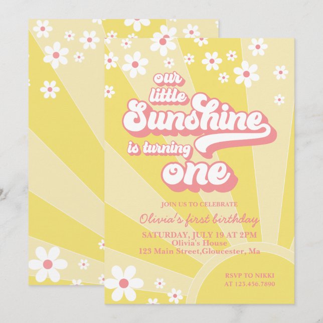 Retro Sunshine daisy boho floral first birthday Invitation (Front/Back)