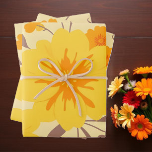 Retro Sunshine Flowers-Yellow Floral Pattern Wrapping Paper Sheet