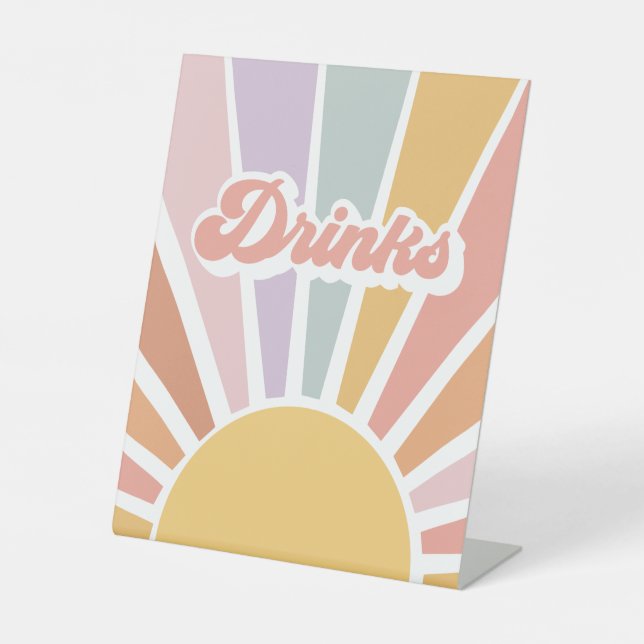 Retro Sunshine Groovy Baby Shower Drinks Pedestal Sign (Front)