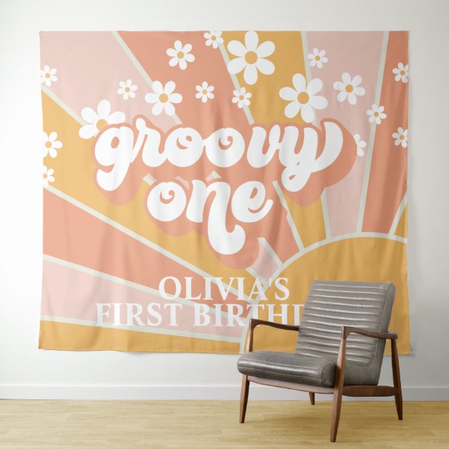 Retro Sunshine Groovy One Daisy Birthday Banner Ta Tapestry (In Situ (Horizontal))