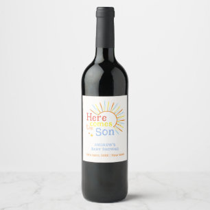 Retro Sunshine Here Comes The Son Baby Shower Wine Label