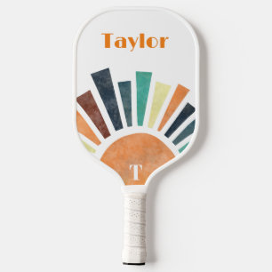 Retro Sunshine Orange White Green Modern Monogram  Pickleball Paddle