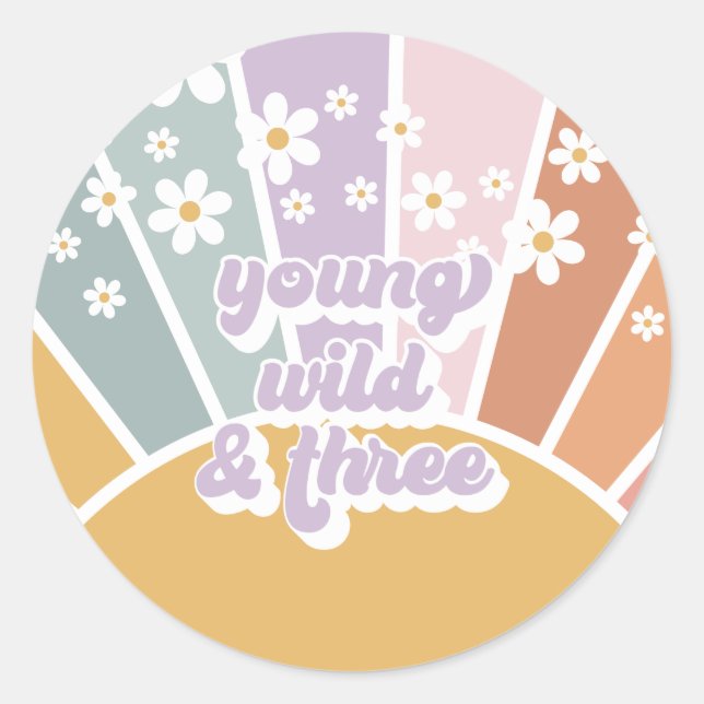 Retro Sunshine Rainbow Daisy 3rd Birthday Classic Round Sticker (Front)