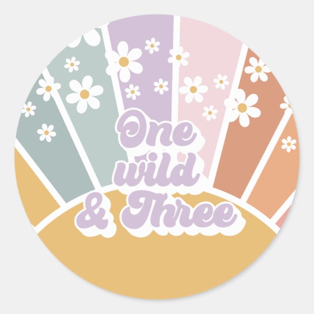 Retro Sunshine Rainbow Daisy One Wild Three Classic Round Sticker (Front)