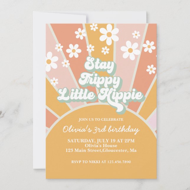 Retro Sunshine Stay Trippy Little Hippie floral Invitation (Front)