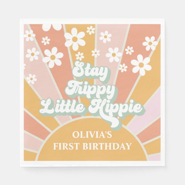 Retro Sunshine Stay Trippy Little Hippie floral Napkin (Front)