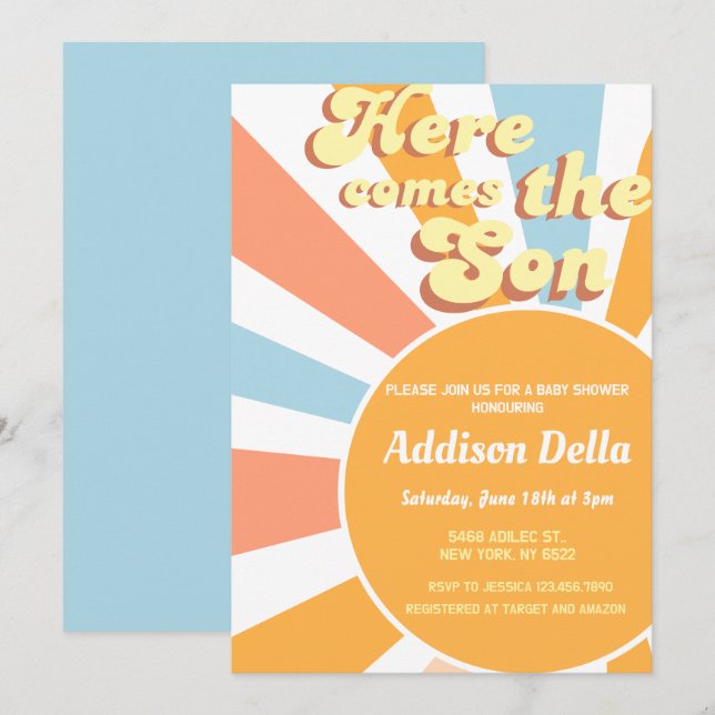 Retro Sunshine Sun Themed Boy Baby Shower Invitation (Front/Back)