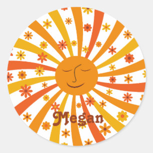 Retro Sunshine Sunburst with Flowers custom name   Classic Round Sticker