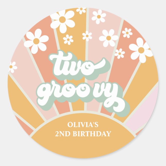 Retro Sunshine Two Groovy Daisy Birthday Classic Round Sticker (Front)