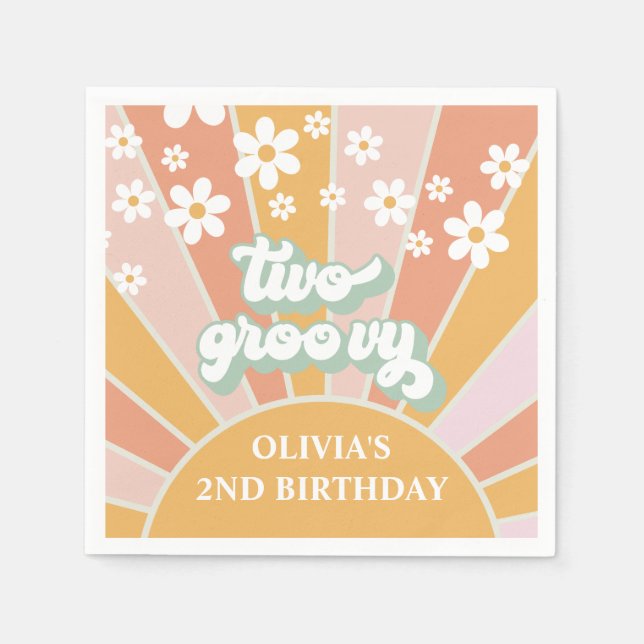 Retro Sunshine Two Groovy Daisy Birthday Napkin (Front)