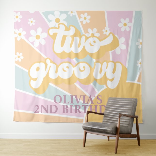 Retro Sunshine Two Groovy Pastel Daisy Birthday Ba Tapestry (In Situ (Horizontal))