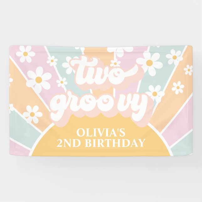 Retro Sunshine Two Groovy Pastel Daisy Birthday Banner (Horizontal)