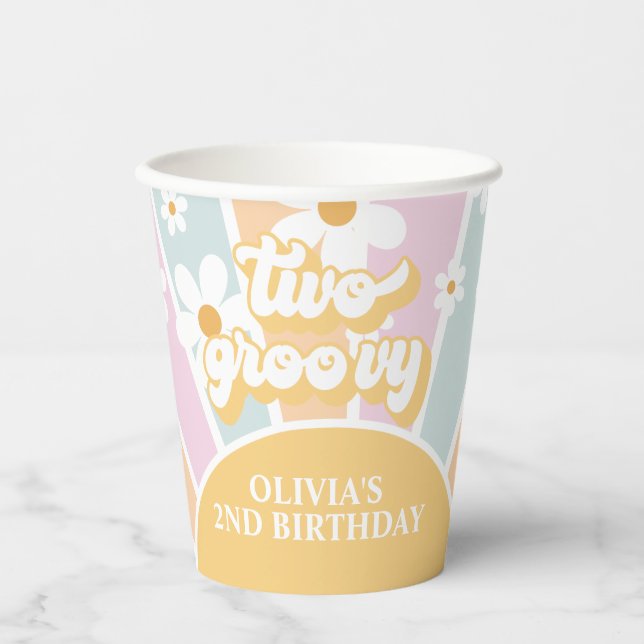 Retro Sunshine Two Groovy pastel Daisy Birthday Paper Cups (Front)