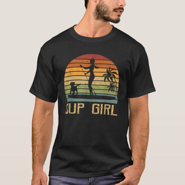 Retro Sup Girl Dog Paddling Paddle Board SUP Water T-Shirt (Front)