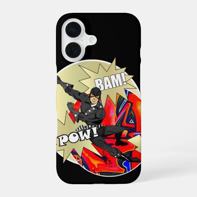 Retro superhero character iPhone 16 case (Back)