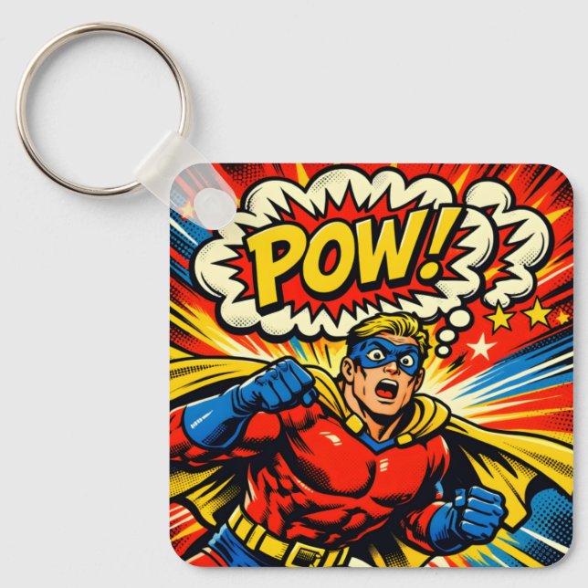 Retro Superhero POW! Comic Book Pop Art Key Ring (Front)