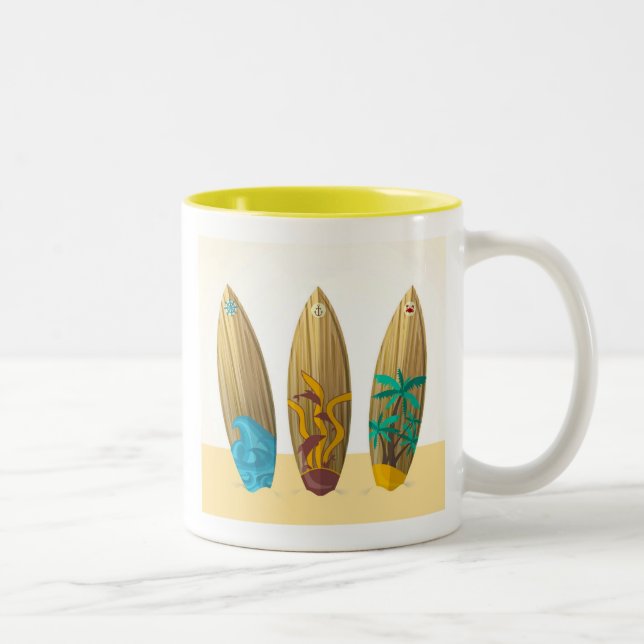 Retro surboard trio summer beach style Two-Tone coffee mug (Right)