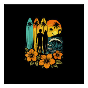Retro Surf Beach Sunset Tropical Poster