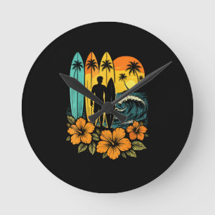 Retro Surf Beach Sunset Tropical Round Clock