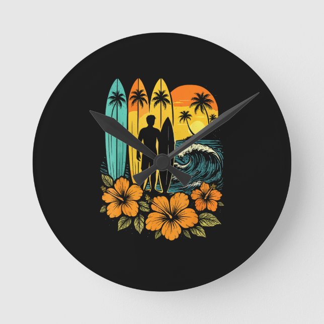 Retro Surf Beach Sunset Tropical Round Clock (Front)