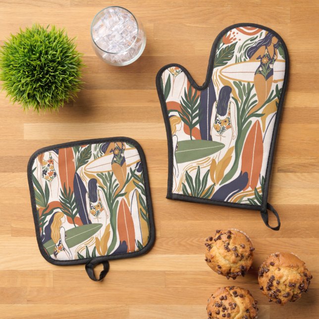 Retro Surf Club Oven Mitt & Pot Holder Set (Top Down)