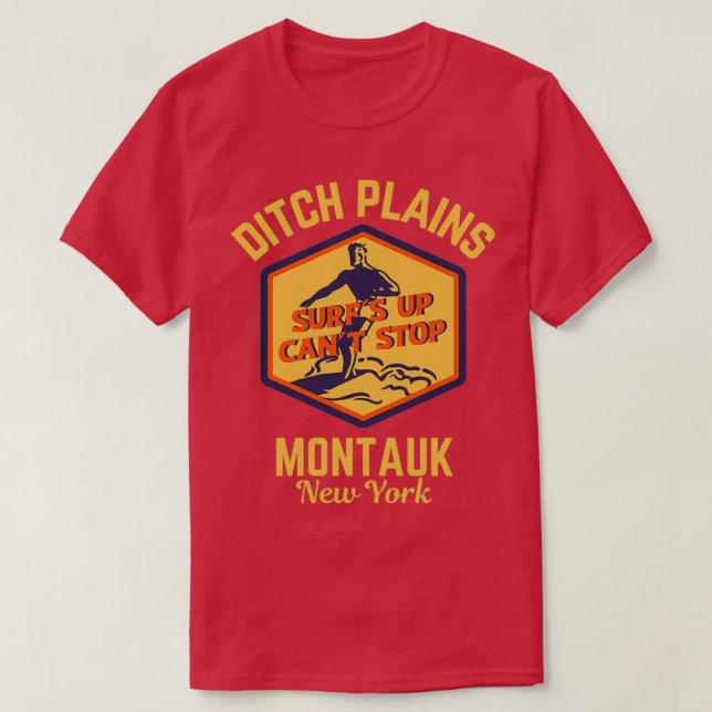 Retro Surf Ditch Plains Montauk New York Gold Text T-Shirt (Design Front)