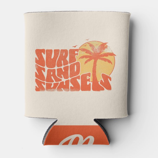 Retro Surf Sand Sunsets Palm Tree Beach Vibes Can Cooler (Front)