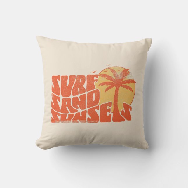 Retro Surf Sand Sunsets Palm Tree Beach Vibes Cushion (Front)