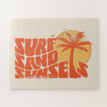 Retro Surf Sand Sunsets Palm Tree Beach Vibes Jigsaw Puzzle<br><div class="desc">Retro Surf Sand Sunsets Palm Tree Beach Vibes t-shirt is the perfect addition to your summer wardrobe. Whether you're hitting the waves or just lounging on the sand,  this tee has got you covered. Let’s Get ready for a summer filled with surf,  sand,  and unforgettable sunsets.</div>