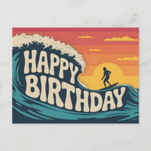 Retro Surf Theme "Happy Birthday" Illustration Holiday Postcard