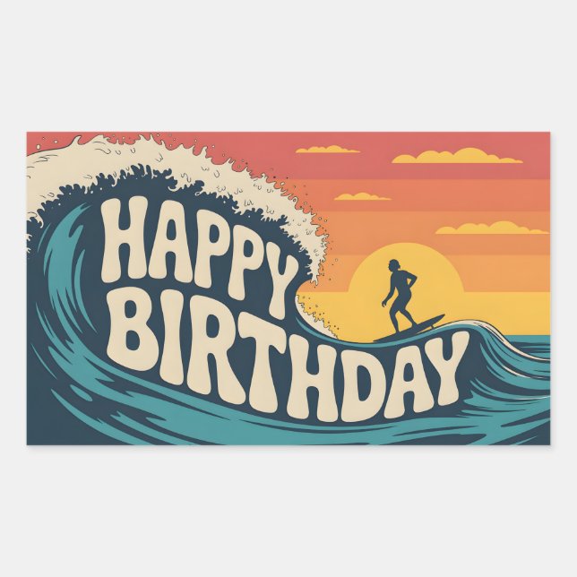 Retro Surf Theme "Happy Birthday" Illustration Rectangular Sticker (Front)