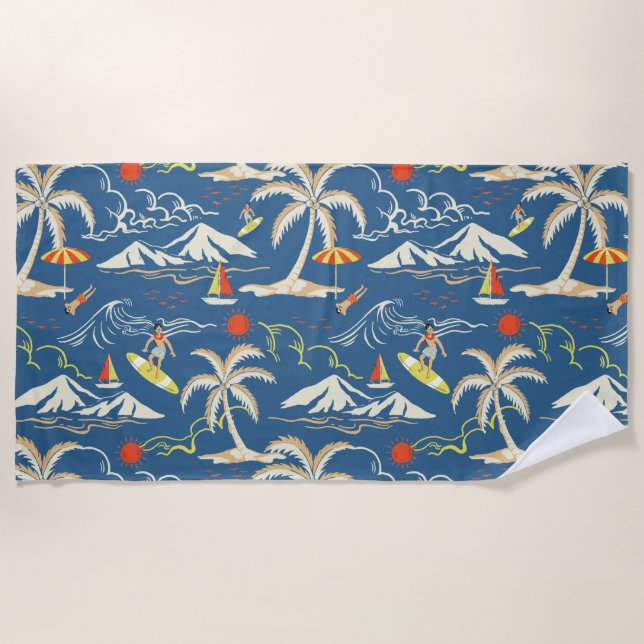 Retro Surf Tropical Pattern Beach Towel (Front)