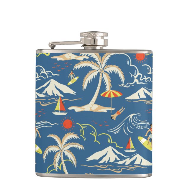 Retro Surf Tropical Pattern Hip Flask (Front)