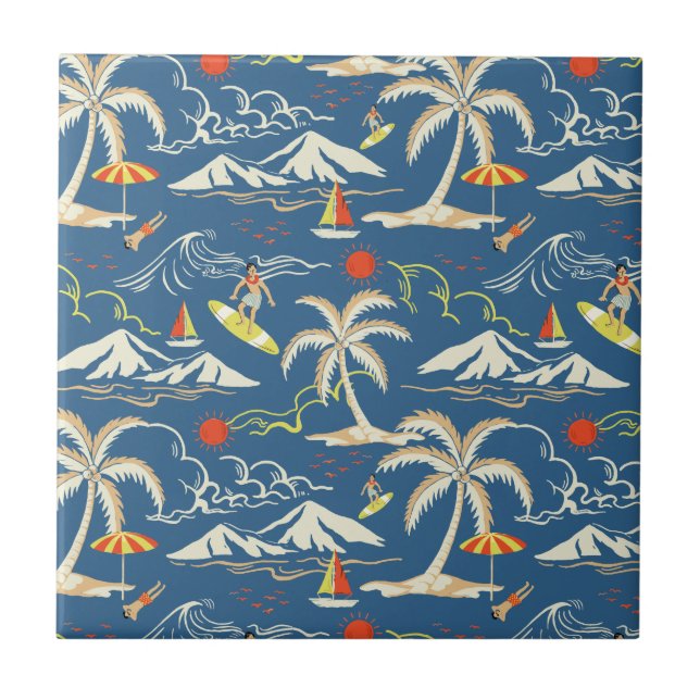 Retro Surf Tropical Pattern Tile (Front)